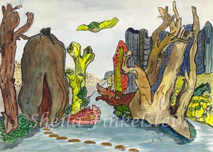 abstract coconut home fantasy landscape watercolor painting