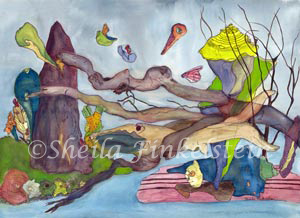wood fish fantasy landscape watercolor painting